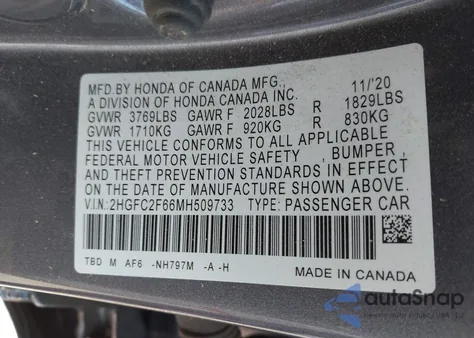 2021 Honda Civic Lx из США, поврежденный, VIN 2HGFC2F66MH509733